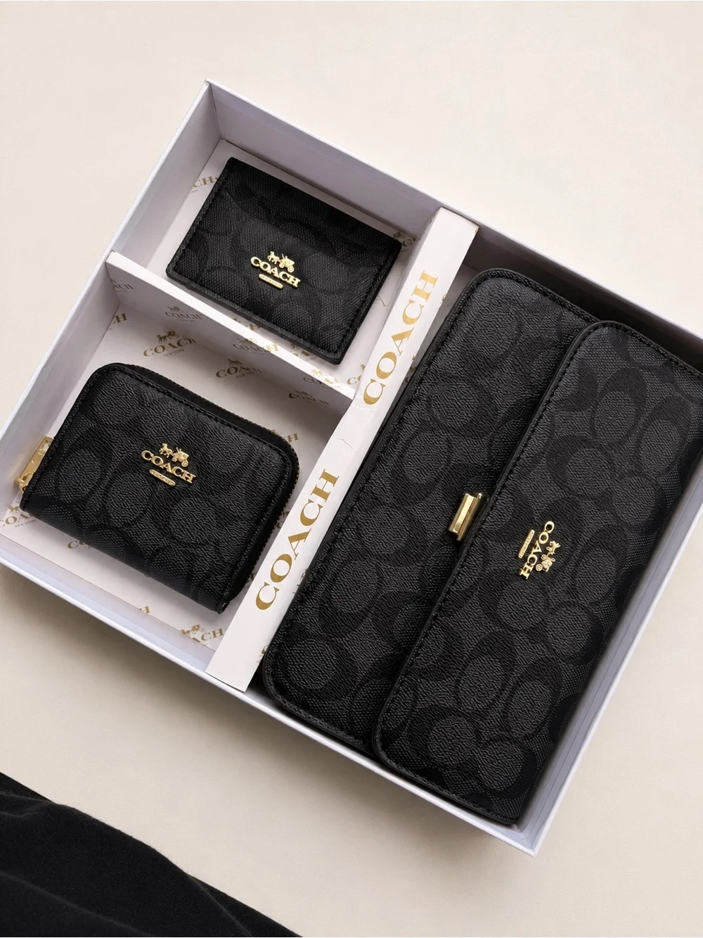 Coach Black Signature Canvas Wallet Set with Gold Hardware